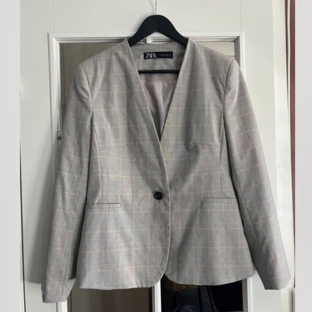 Zara Basic Brown Blazer pink beige pinstripe work - image 1